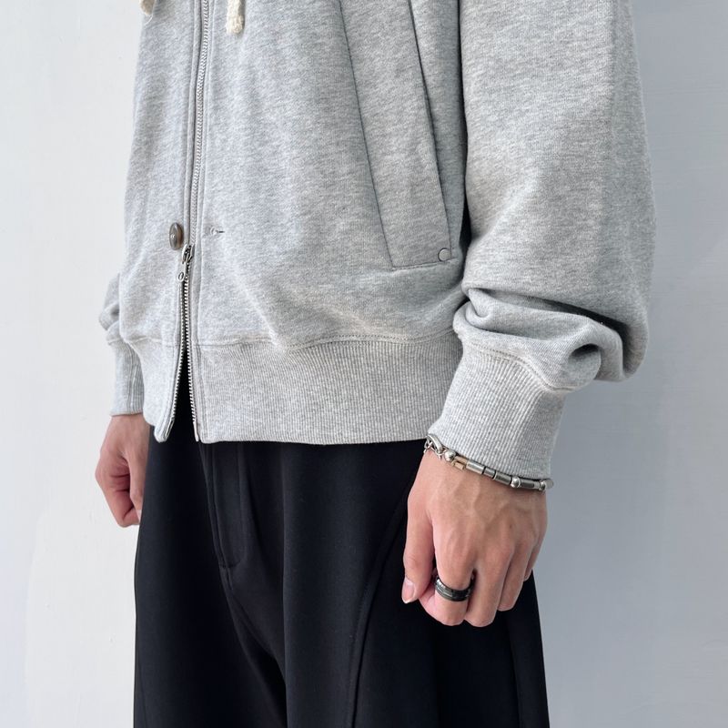 Button Detail Thick Drawstring Zip Hoodie