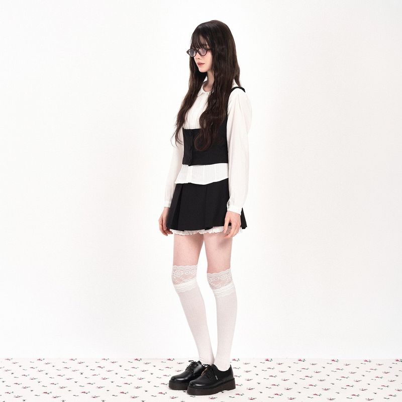 RIBBON FRILLY WAIST VEST - BLACK