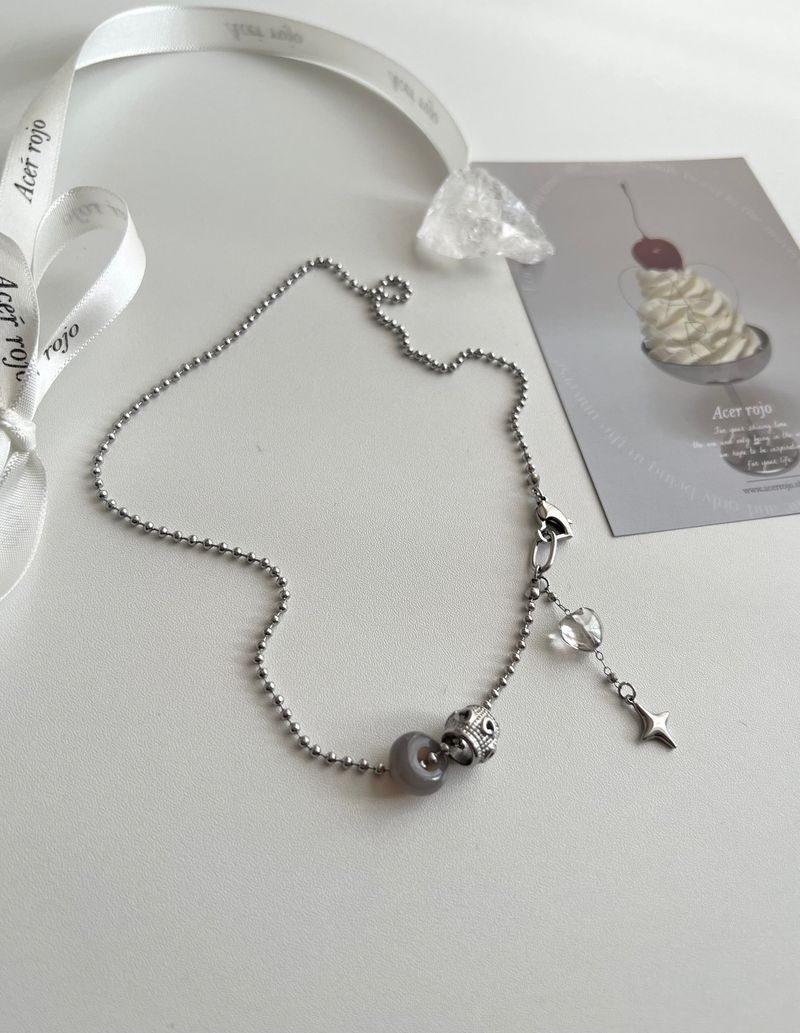 yio Gray gemstone heart Rondell star Surgical two way y Beads Bold Choker Short Layered Necklace