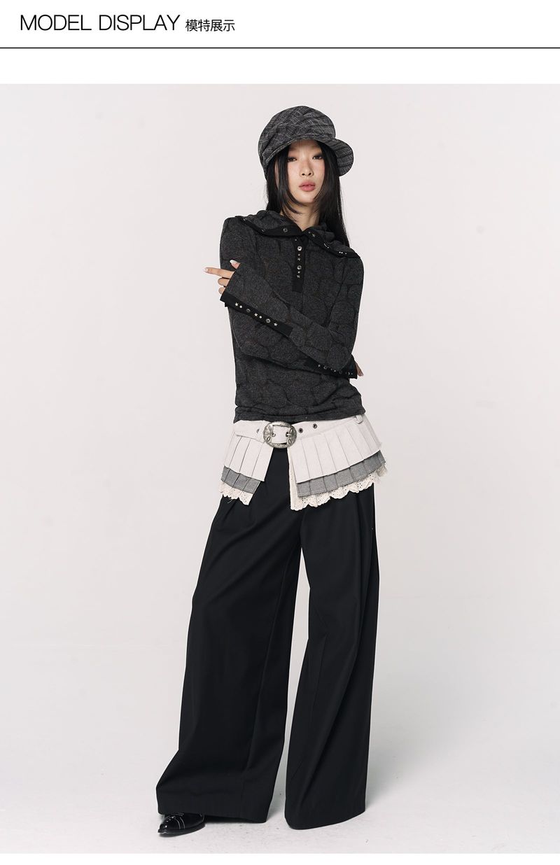 CONFUN Henry rivet patchwork lapel jacquard knitted slim top