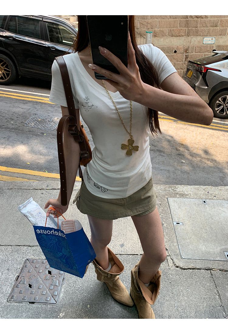 khaki cotton mini pants skirt