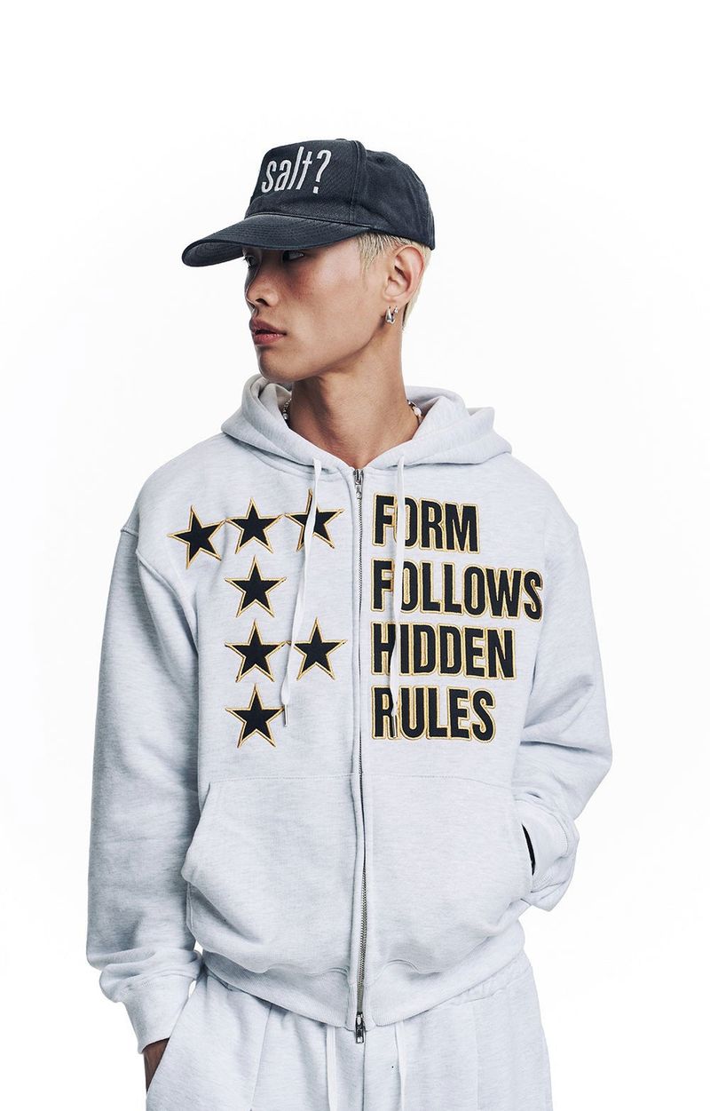 Star Lettering Patch Hoodie Zip-Up - White