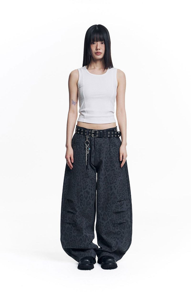 Curved Leopard Pants - Charcoal