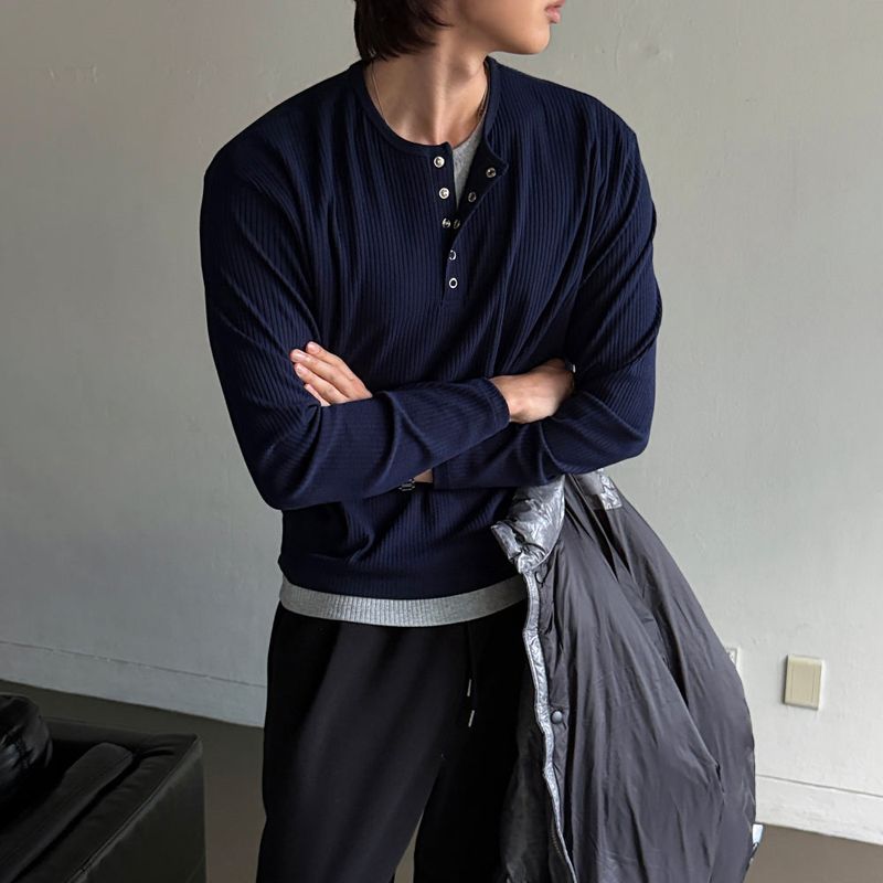 LMN Settle 5 Button Layered Ribbed Long Sleeve Tee (4 colors)