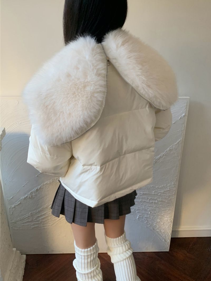 Ice Bloom Fur-Collar Duck Down Short Puffer
