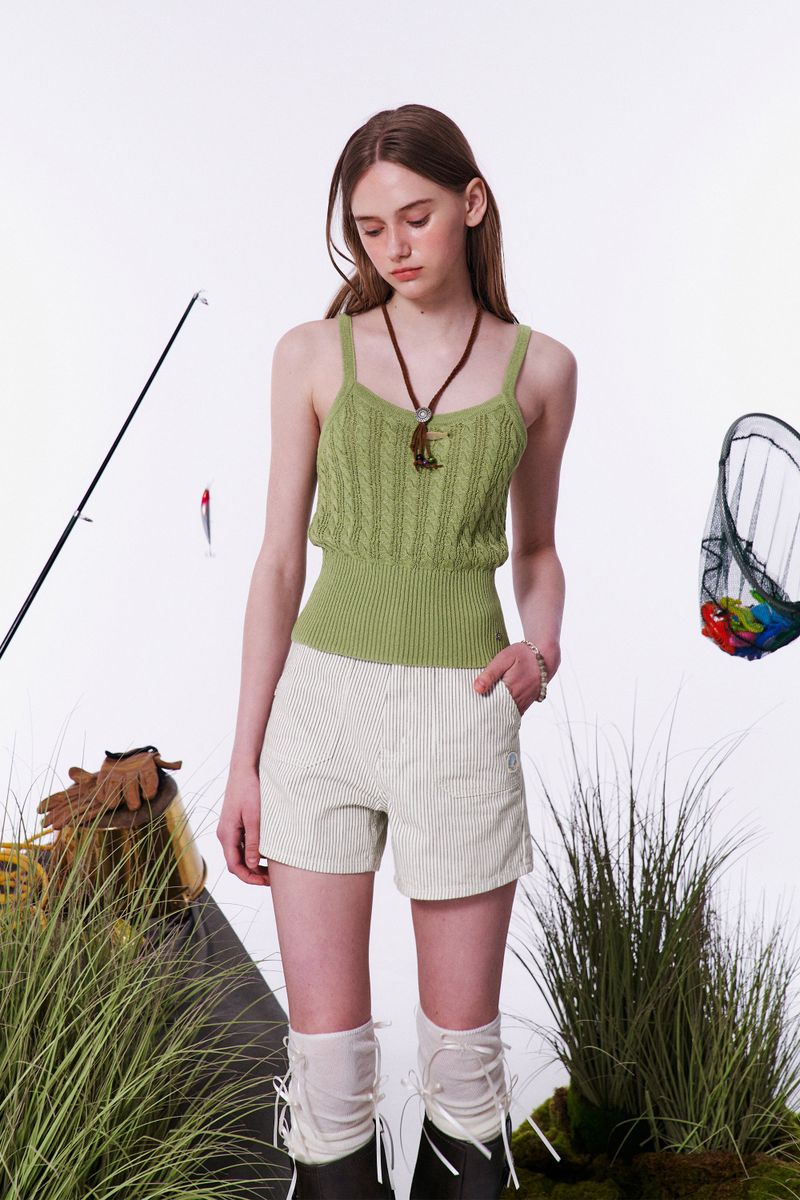 CHERRY STRIPE DENIM SHORT PANTS [LIGHT GRAY]
