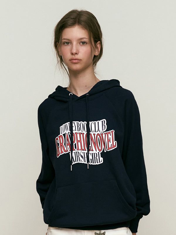 KIRSH（キルシー）の「LOWKEY BOOK CLUB LETTERING RAGLAN HOODIE [DARK NAVY]（Tops）」