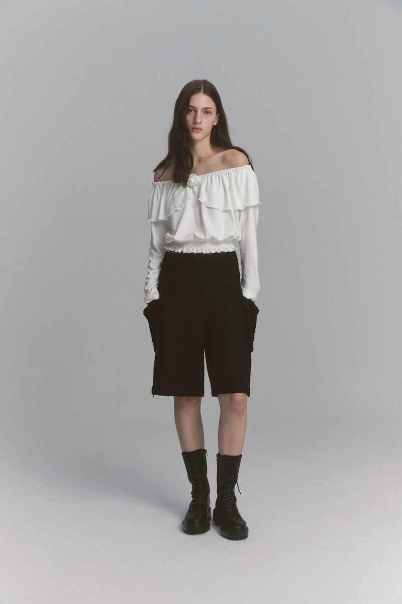 Ribbon Tweed Bermuda Pants Black