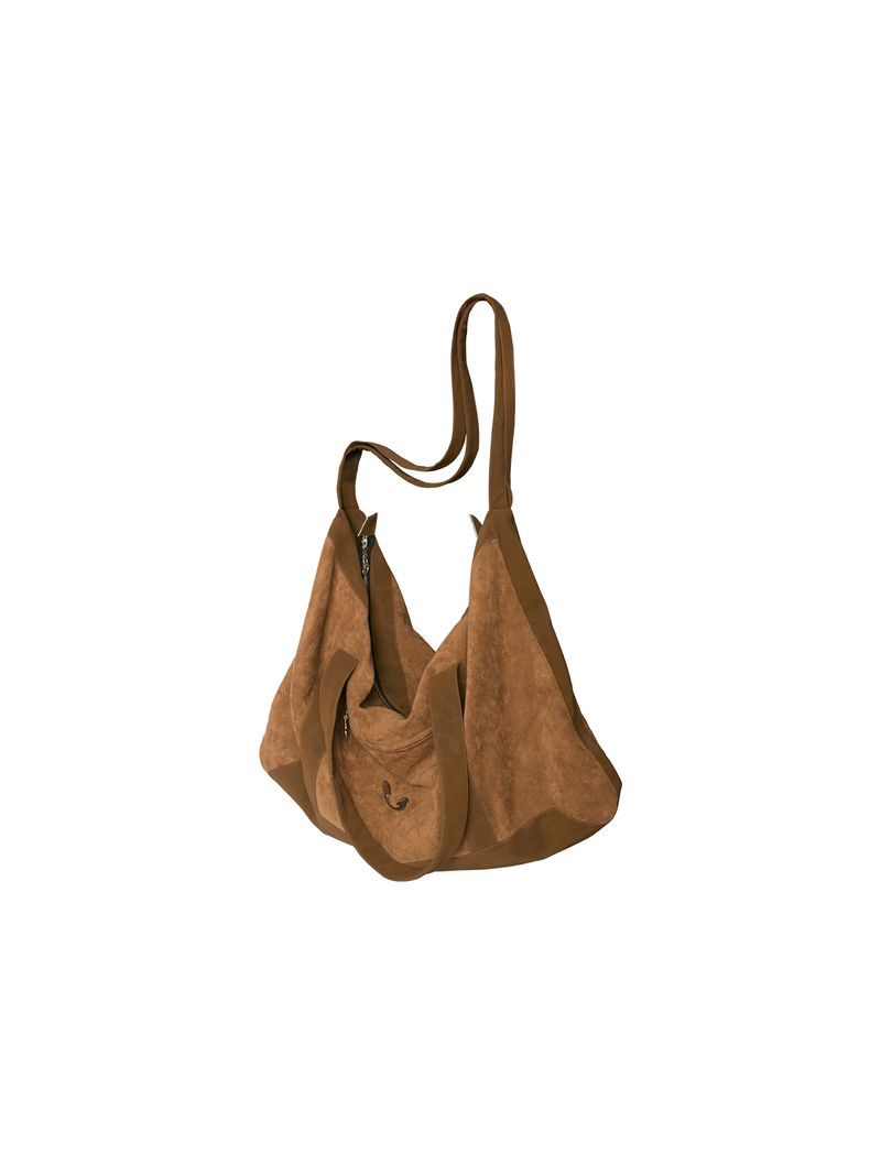 RELABEL Suede Patchwork Brand Metal Badge Multi-Functional Handheld Shoulder Crossbody Bag with Four Straps