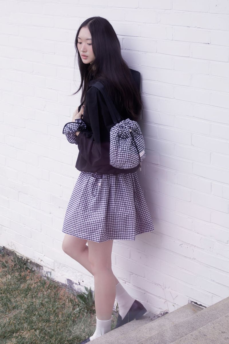 Gingham check string mini backpack (BLACK)