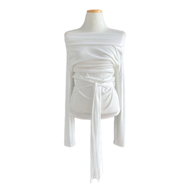 Loving Front Wrap Tie Boat Neck Long Sleeve Tee 