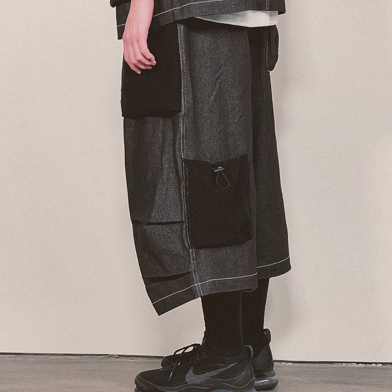 reverse terry pocket denim capri shorts_black