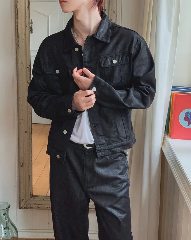 Kanto Coated Black Denim Trucker Jacket