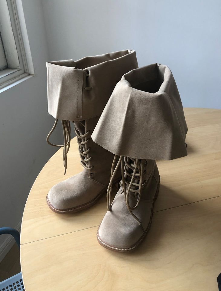 Semu lace-up fold long boots