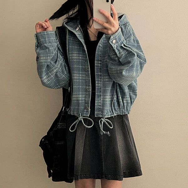 Ready strap checkered hooded denim jacket