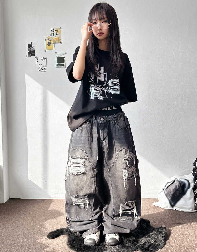 Coco Distressed Fringe Carpenter Denim Pants 2color