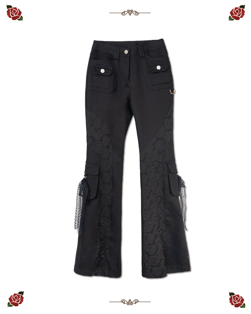 elfelfelf archives（エルフエルフエルフアーカイブ）の「ローズパッチバットカットパンツ [BLACK]（パンツ）」