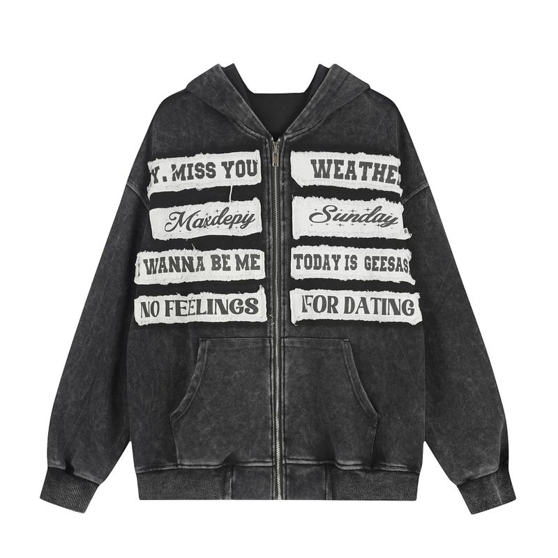 Text Patch Oversized Hoodie Zip-Up