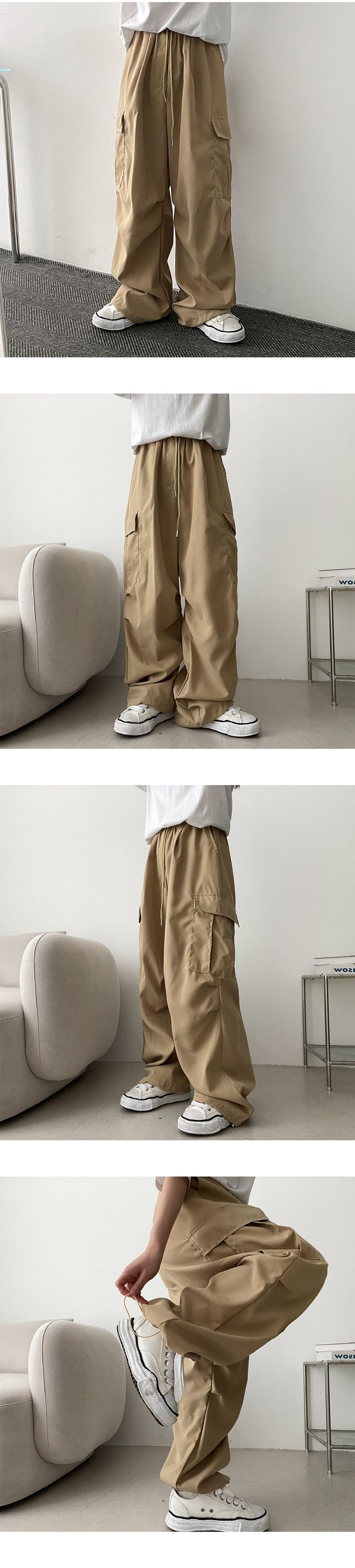 Bicol String Pleated Cargo Wide Pants