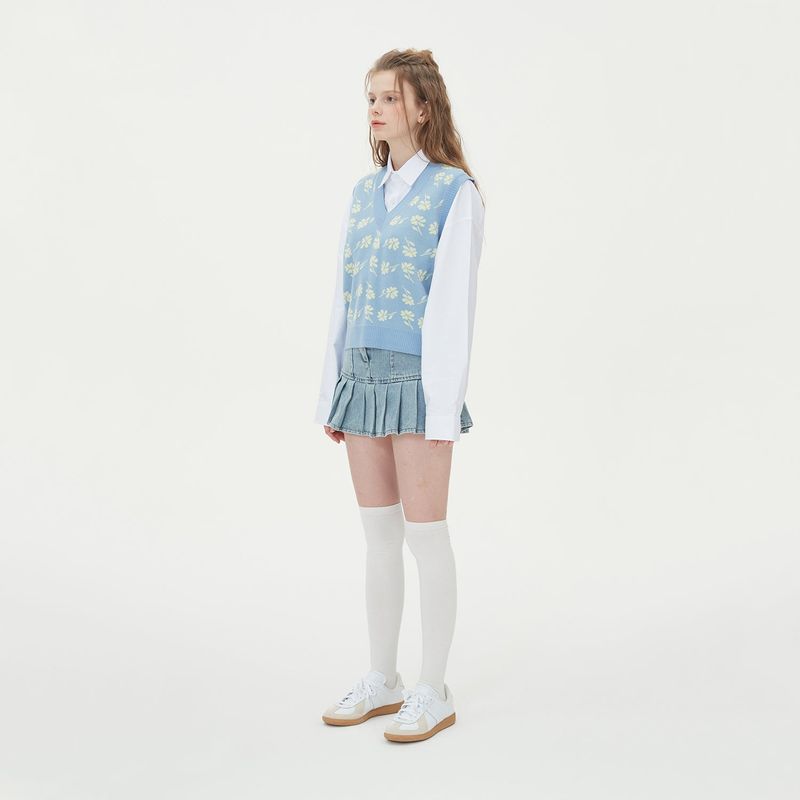 FLOWER JAQUARD KNIT VEST_SKY BLUE