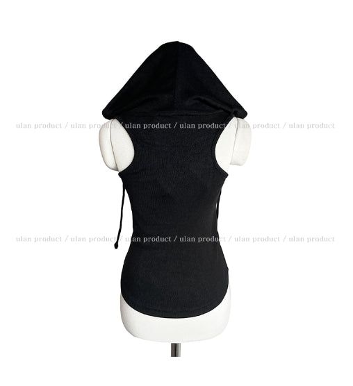 Hairy V-neck hood sleeveless