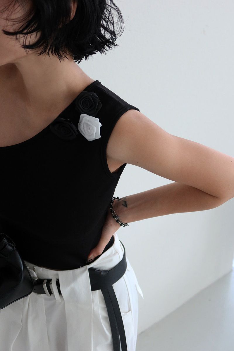 Rose Cosage 3ps Detachable Unbalanced Shoulder Sleeveless