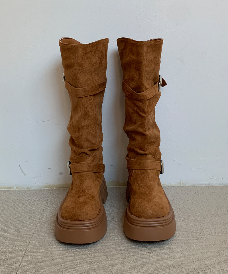 line suede buckle slouch long bootS