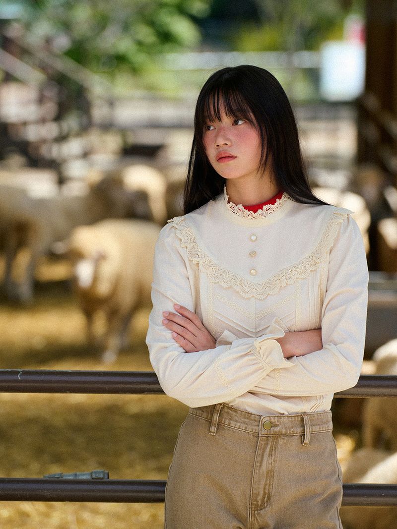 High-Neck Lace-Frill Blouse (Beige)