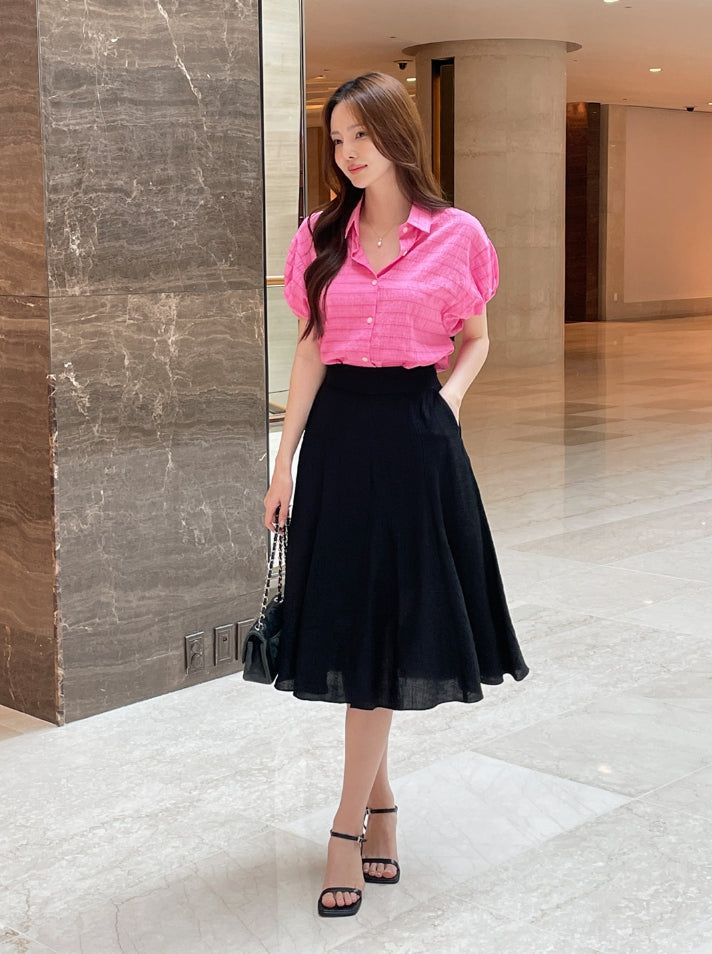 Kusha Collar Balloon Sleeves Seersucker Blouse