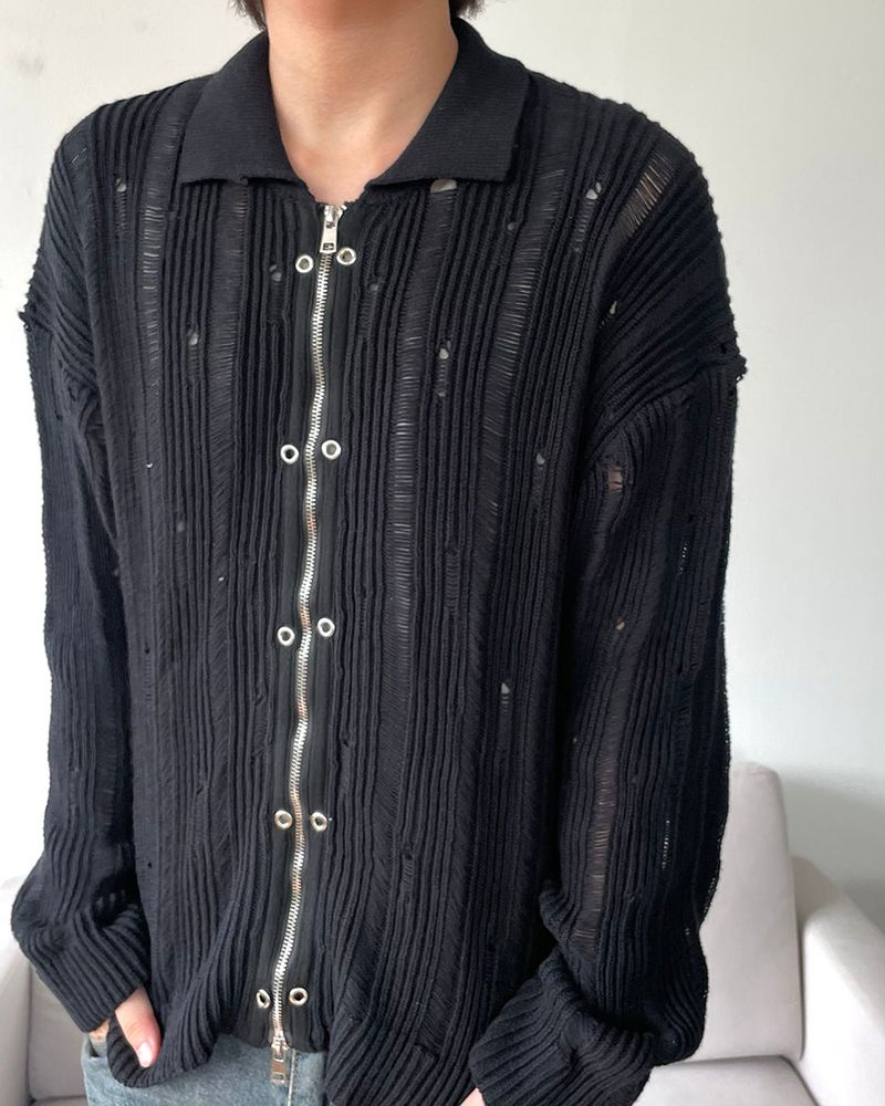 Eyelet Zip-up Knit Cardigan