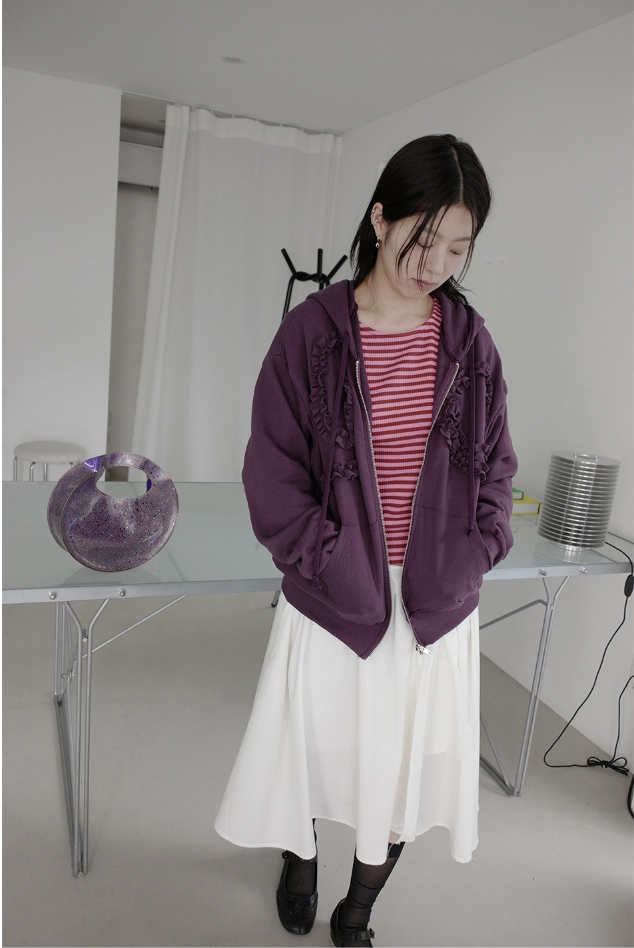 frill ribbon hood zip up (2c)