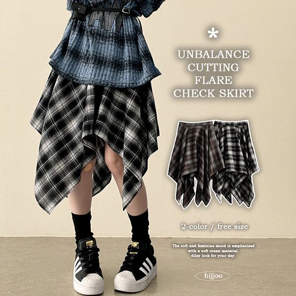 hijjoo（ハイチュー）の「Hial Hem Unbalanced Line Check Banding Skirt（Skirts）」