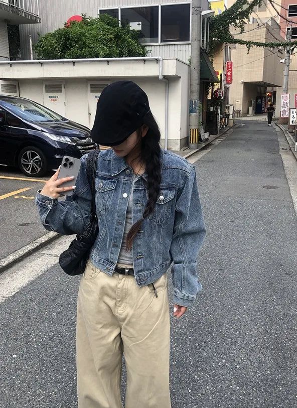 Raeon Vintage Crop Washing Denim Jacket