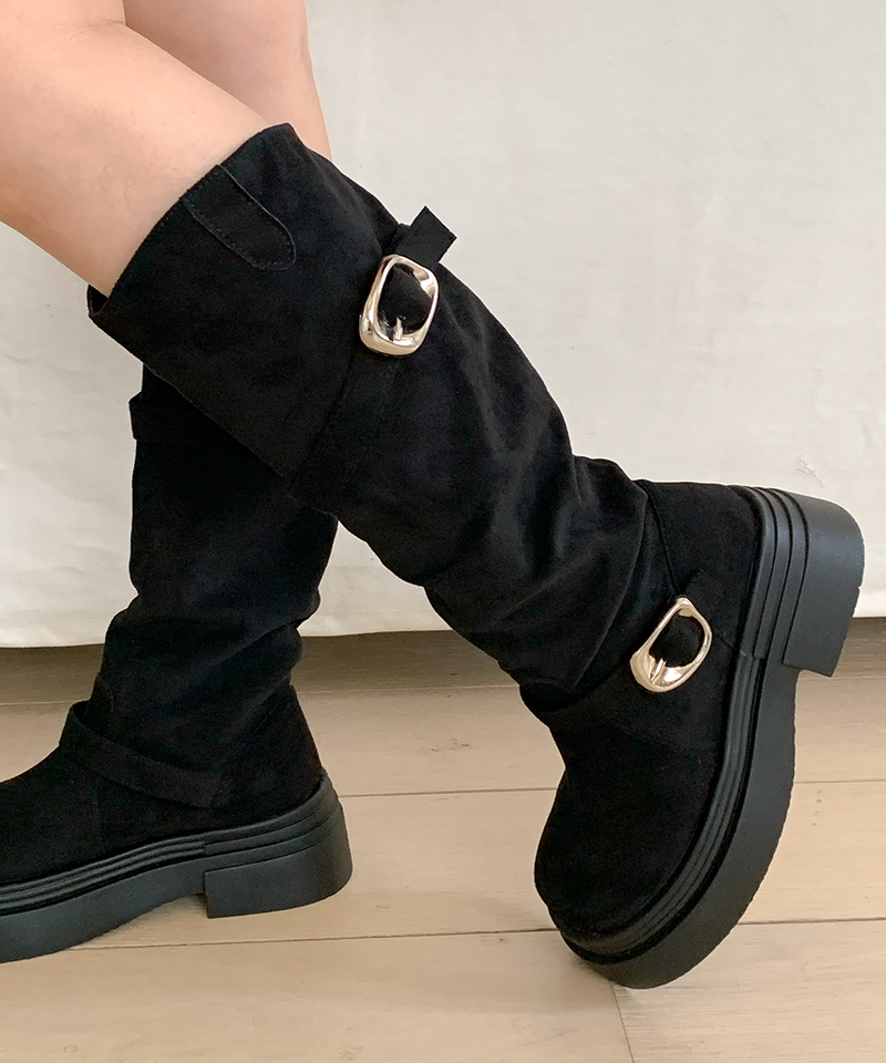 line suede buckle slouch long bootS