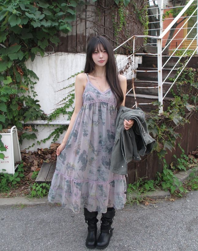 ULAN（ユレン）の「Misty Mauve Flower Chiffon Long One Piece（Dresses）」