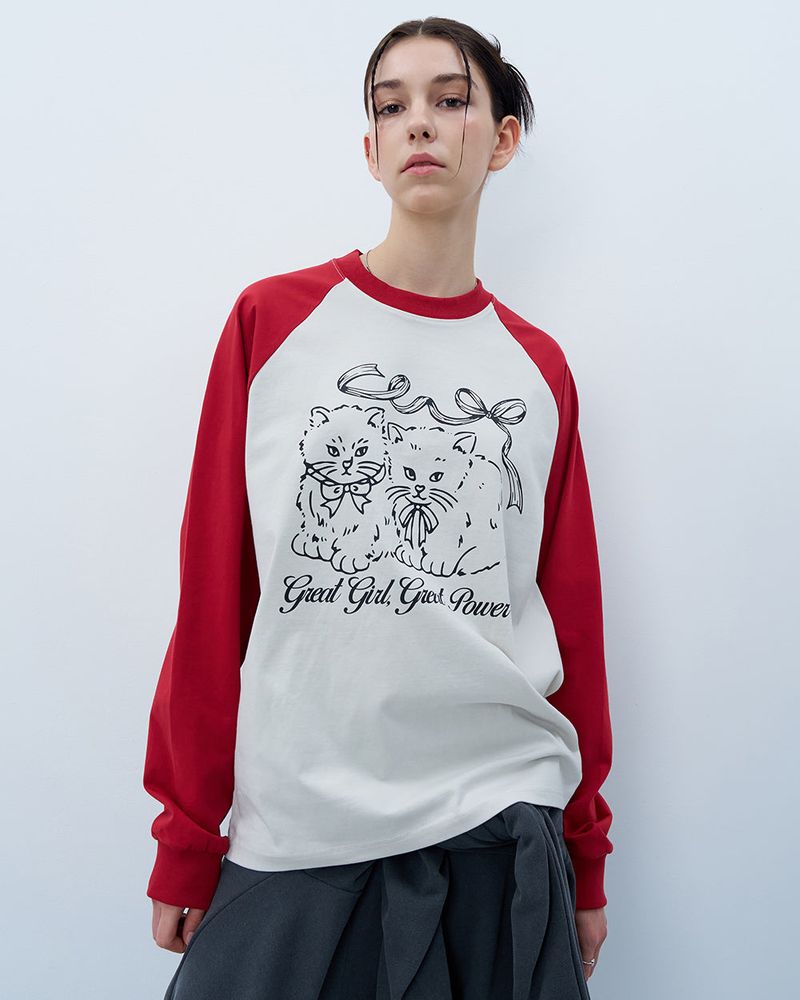 RIBBON CATS RAGLAN LONG SLEEVE-RED