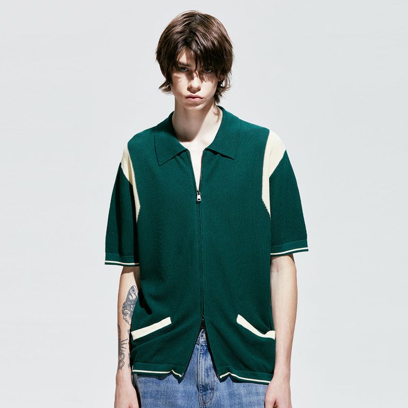 varsity half knit zip-up green