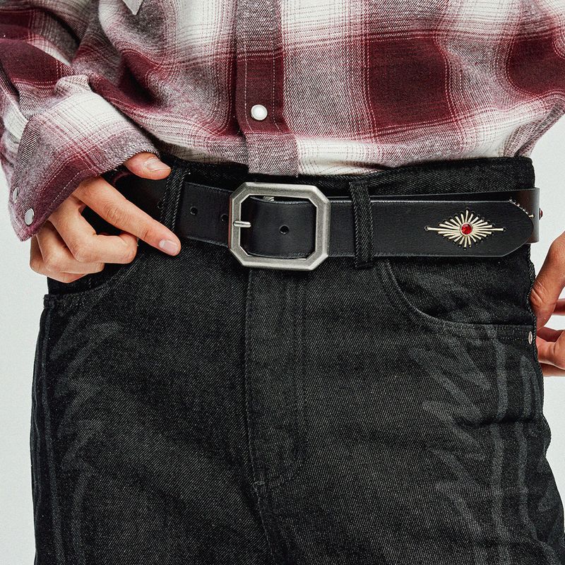 crystal stud & wax thread leather belt black