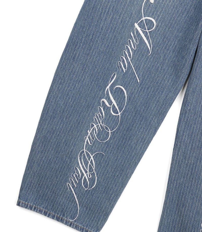 Stripe Lettering Denim Pants - Medium Blue