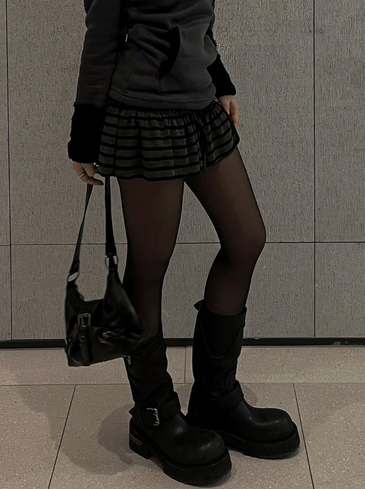 Ribbon string slit button stripe skirt
