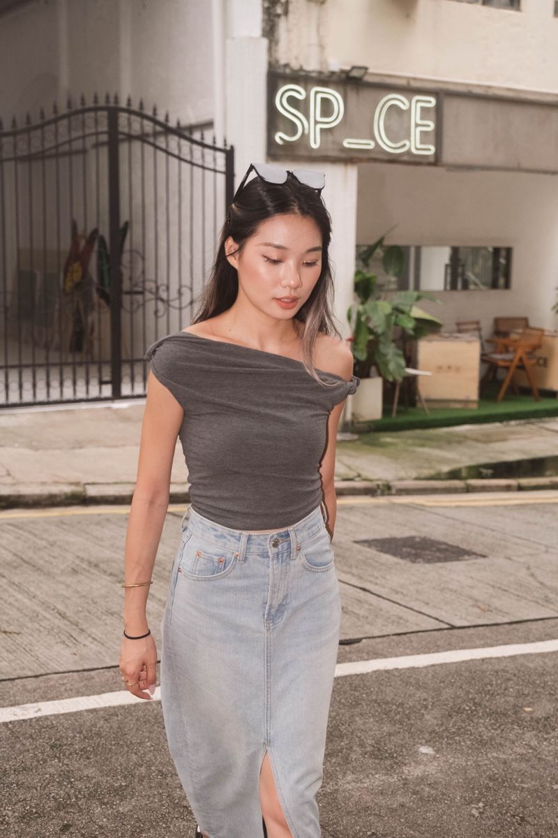Asymmetric Ruched Top - Grey