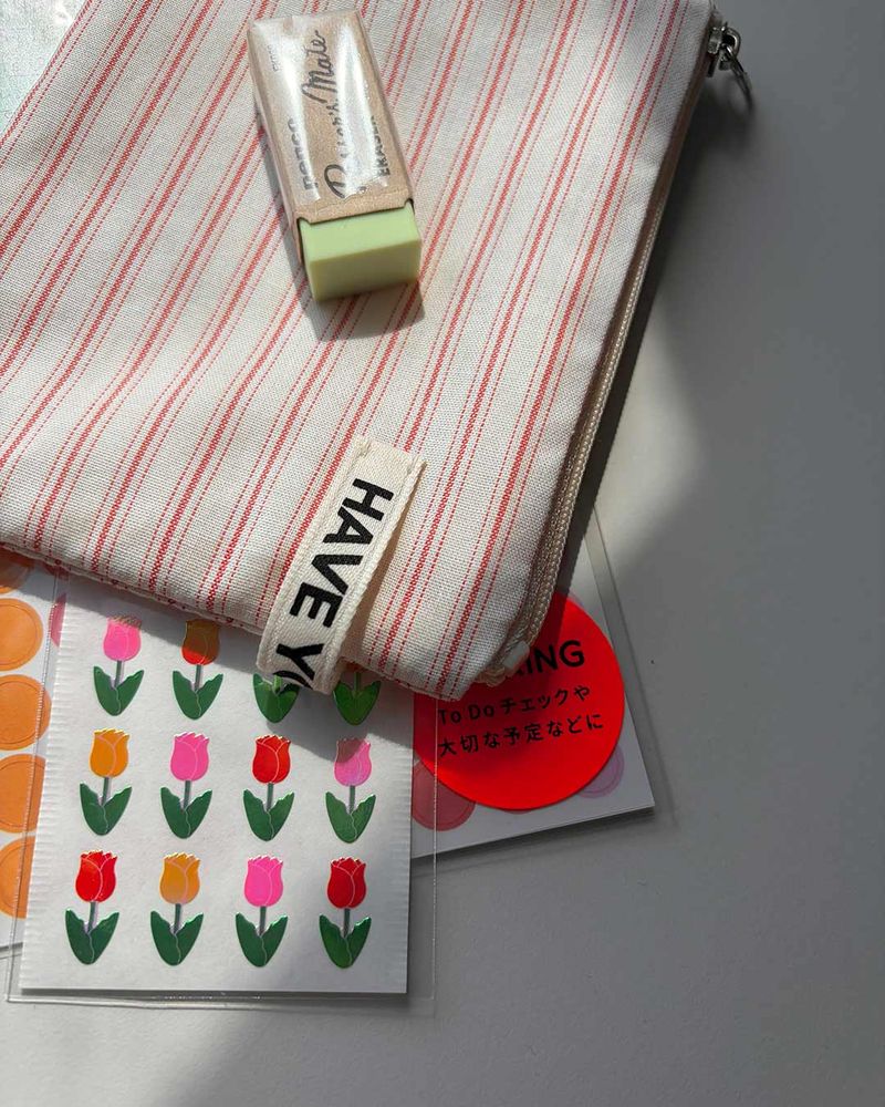 Pin stripe flat pouch - red , M size