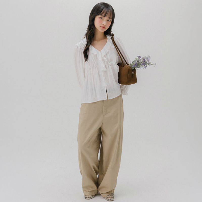 FRILL NECK PINTUCK BLOUSE (WHITE)