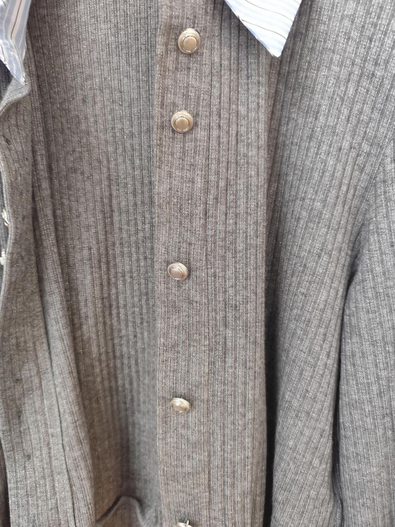 Brooklyn Silver Grey Button Craft Stripe Collar Knit Cardigan