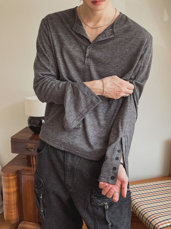 Div Ribbed Henley Neck Long Sleeve Tee 