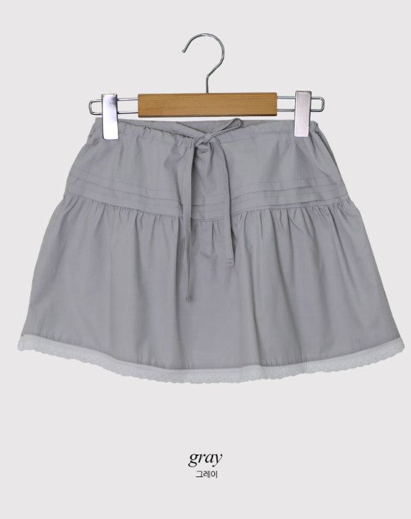Pintuck String Ribbon Lace Mini Skirt (3color)