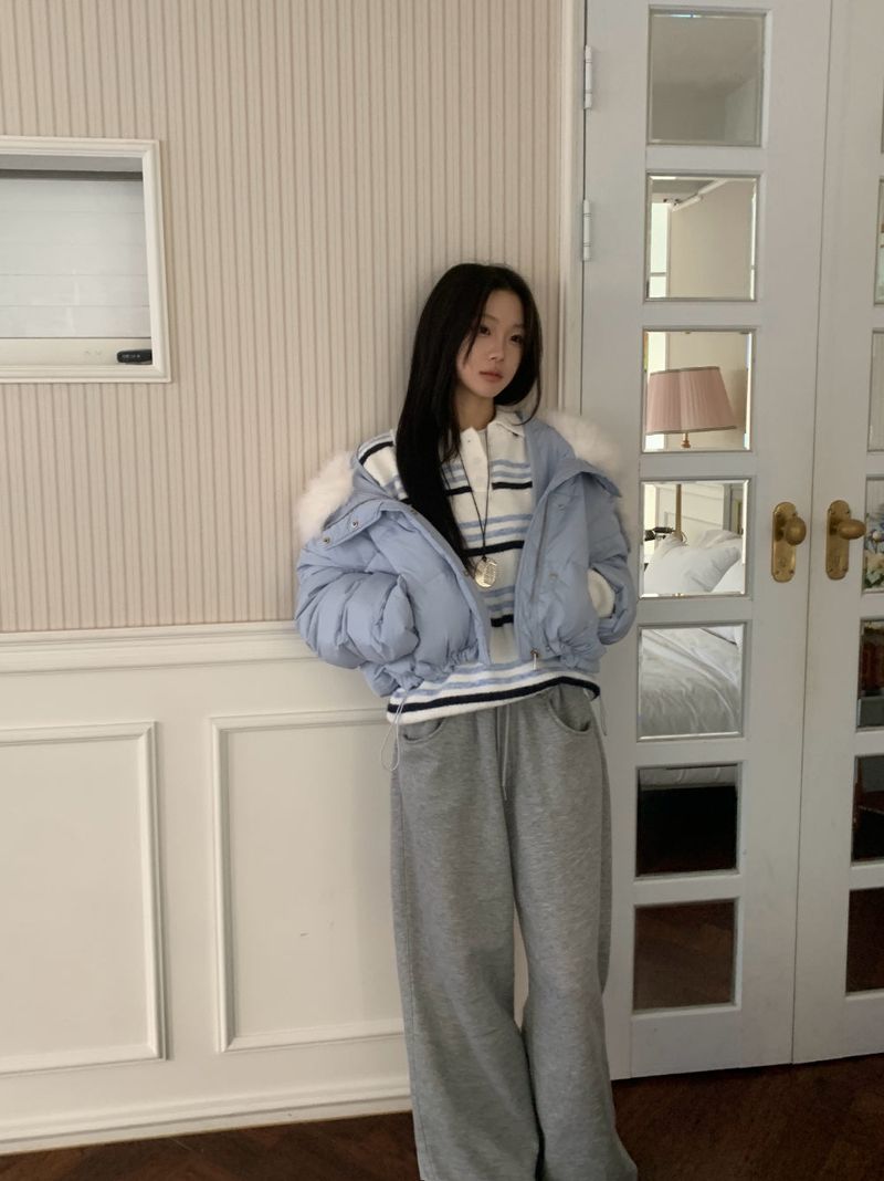 Ice Bloom Fur-Collar Duck Down Short Puffer