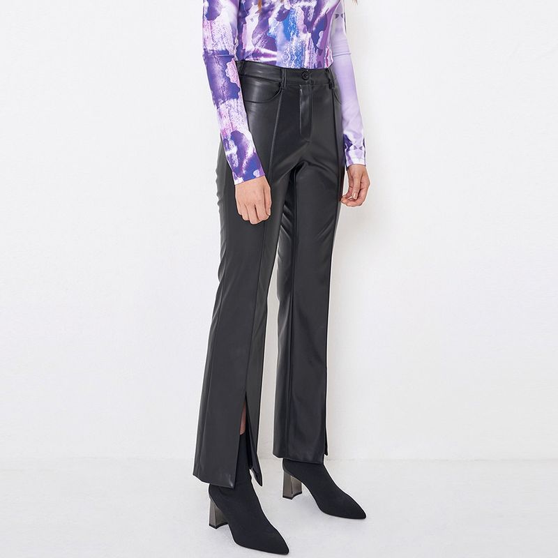 Faux-Leather Slit Trousers _ Black
