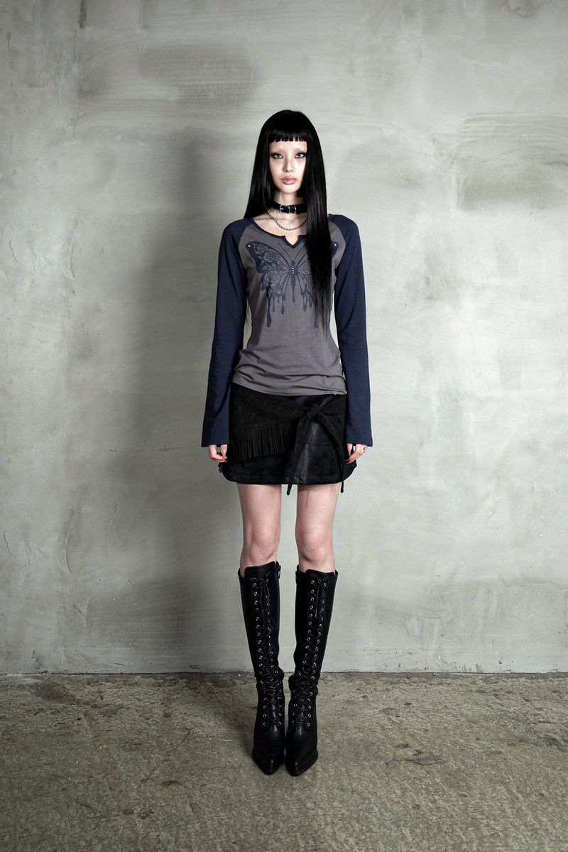 ROSE BUTTERFLY RAGLAN T-SHIRT #NAVY GRAY