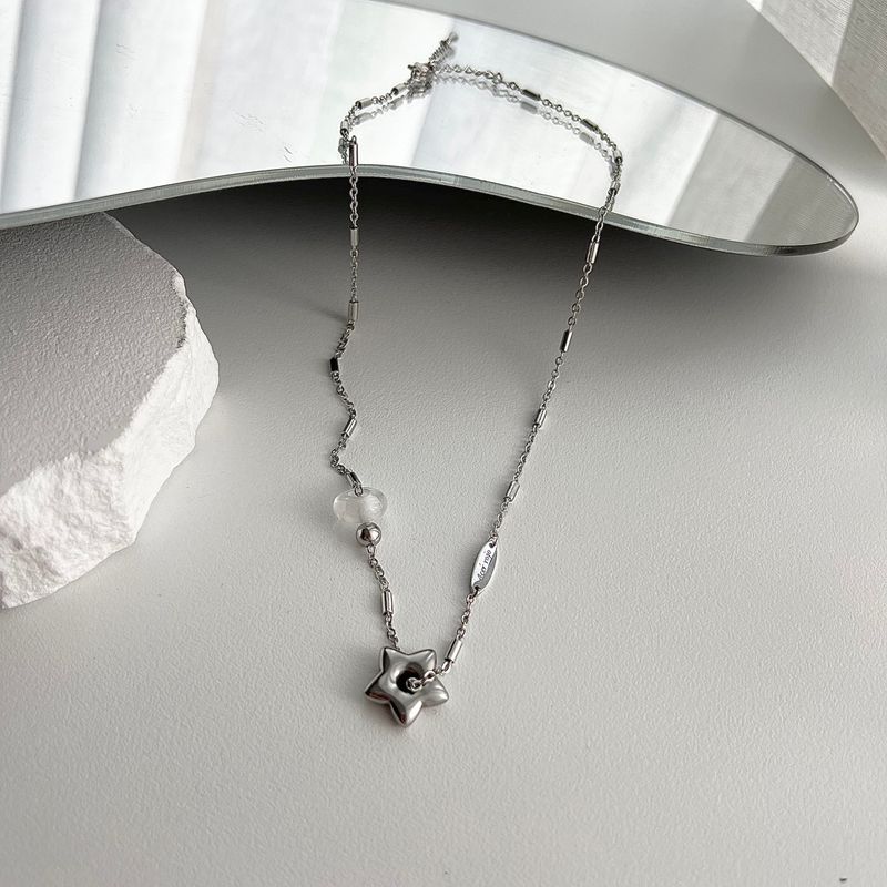 stb hip star y2k stainless steel star white crystal gemstone layered two-way ball necklace